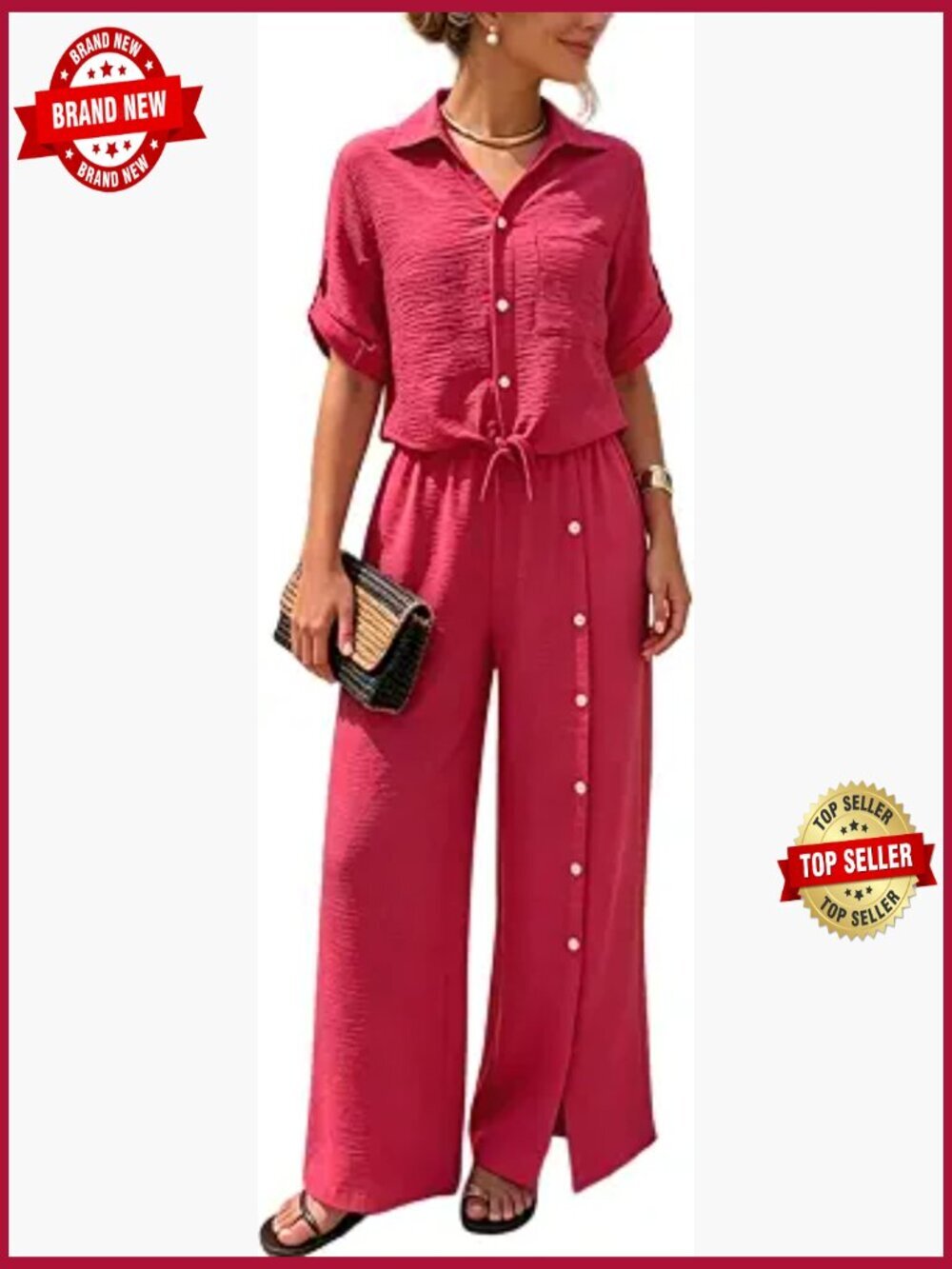 Women's 2 Piece Long Sleeve Button Down Top & Wide Leg Pants Lounge Set with